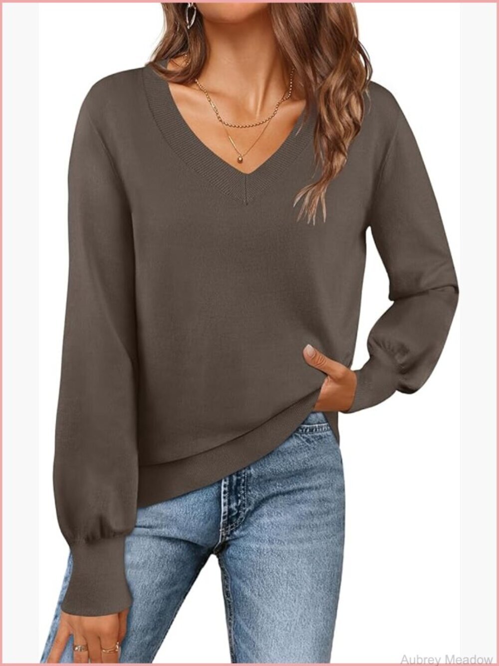 Women's V-Neck Long Sleeve Lightweight Knit Pullover Sweater